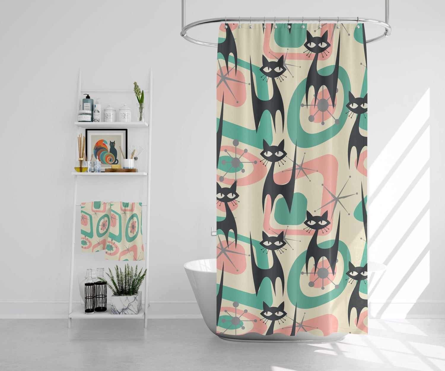 Kate McEnroe New York Atomic Cat Mid Century Modern Starburst Shower Curtain, 60s Retro Geometric Pink, Mint, Gray MCM Bath DecorShower Curtains10106858637301762255