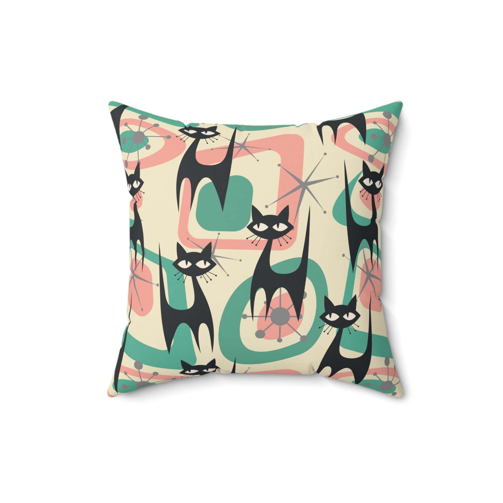 Printify Atomic Cat Mid Century Modern Starburst Throw Pillow with Insert, 60s Retro Geometric Pink, Mint, Gray Living Room, Bedroom Decor Home Decor 16&quot; × 16&quot; 10725383720596552133