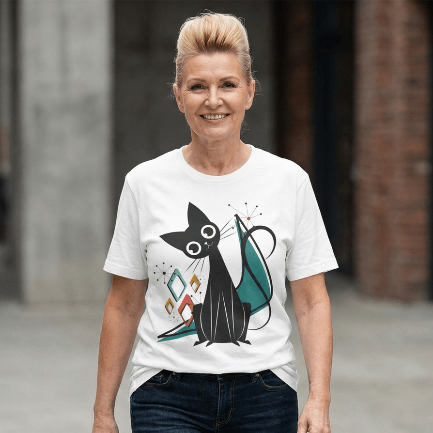Kate McEnroe New York Atomic Cat Mid Century Modern T-Shirt, Retro MCM Cat Lover TeeT-Shirts25921138853632513924