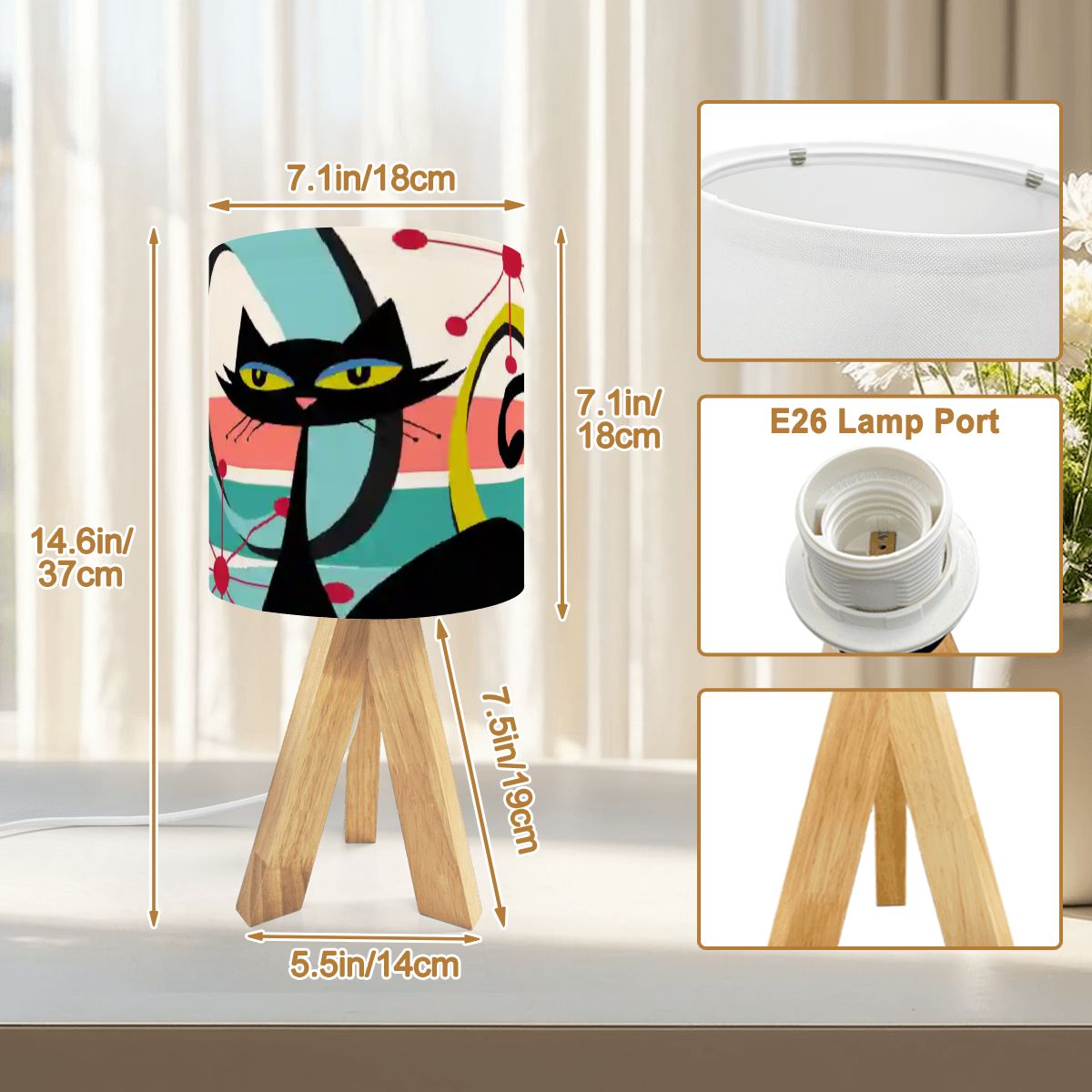 Kate McEnroe New York Atomic Cat Mid Century Modern Table Lamp, Retro 50s Kitsch, Atomic Age Accent Light, MCM Tripod Desk LampTable LampsYGROgITqr8