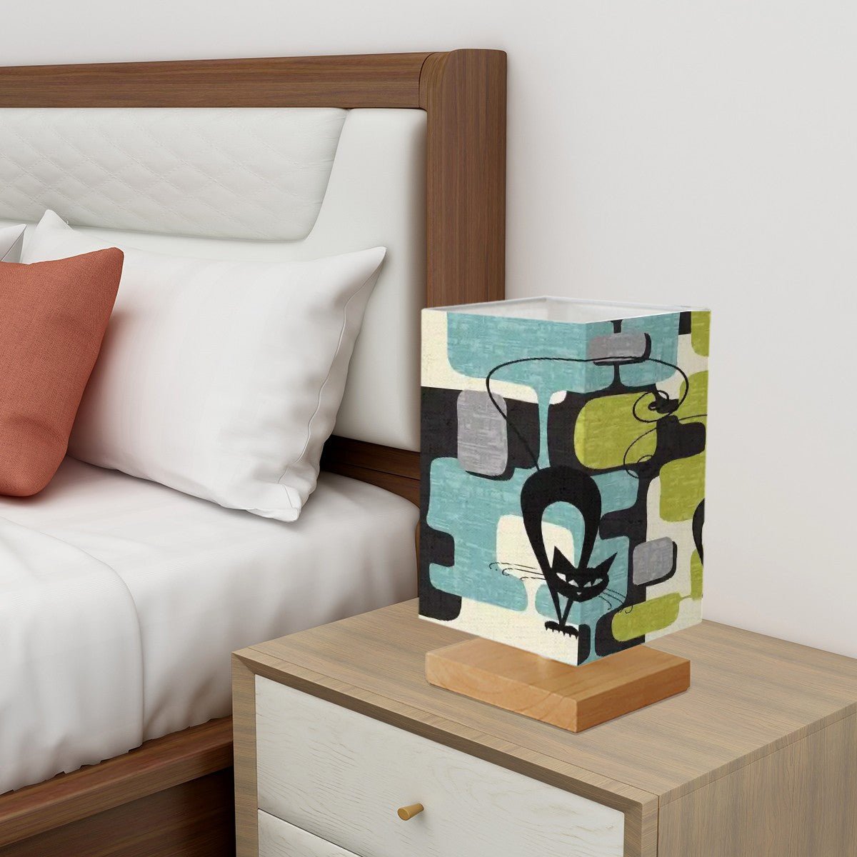 Kate McEnroe New York Atomic Cat Mid Century Modern Table Lamp, Retro Kitsch Green Blue Geometric LightTable LampshgQ9OEW2Y4
