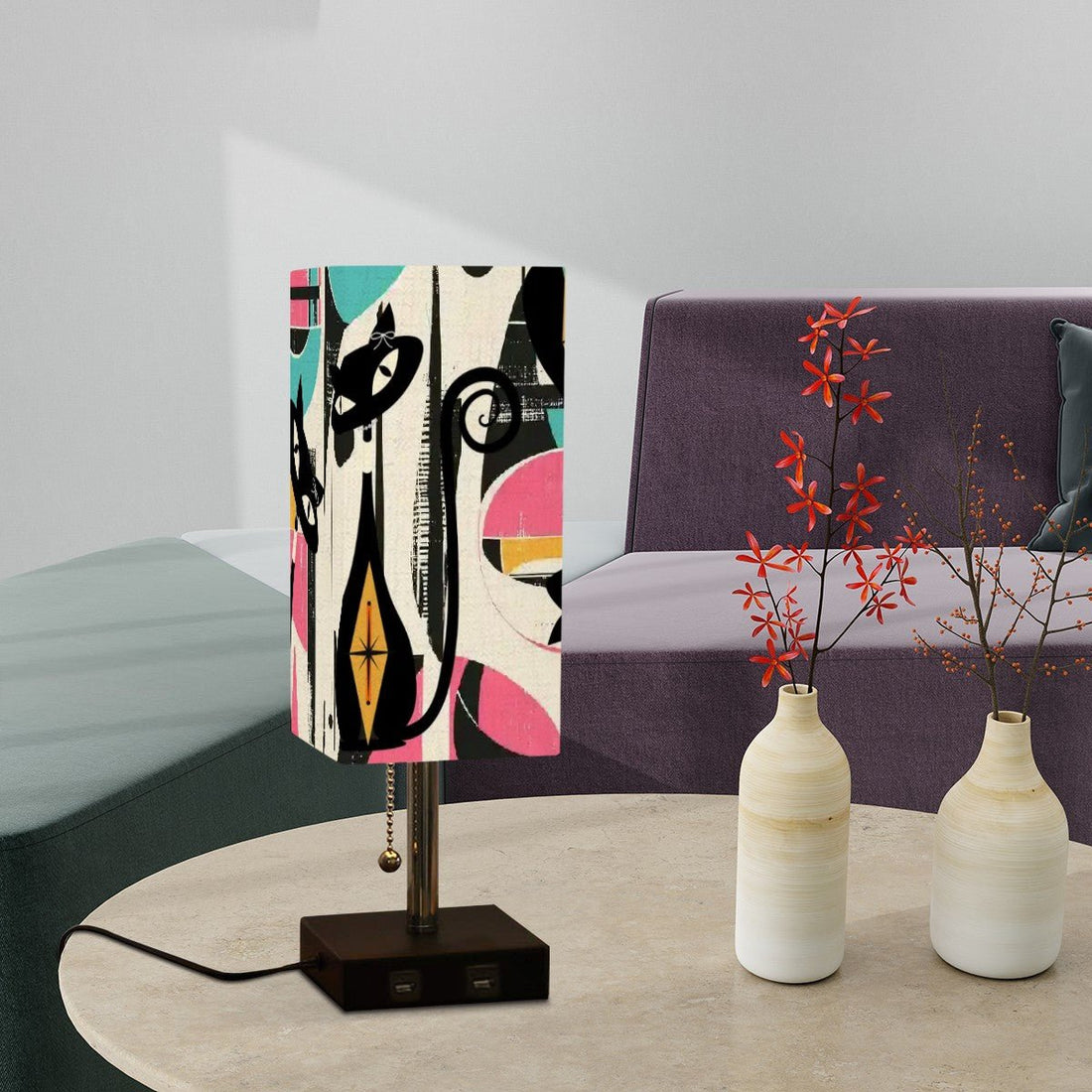 Kate McEnroe New York Atomic Cat Mid Century Modern Table Lamp with USB Ports, Retro Artist&