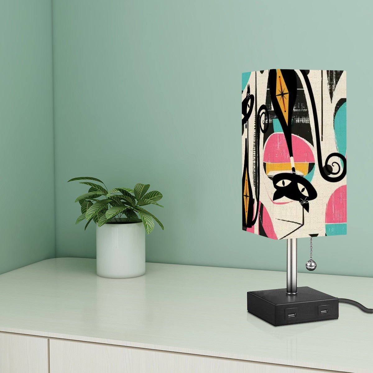 Kate McEnroe New York Atomic Cat Mid Century Modern Table Lamp with USB Ports, Retro Artist&