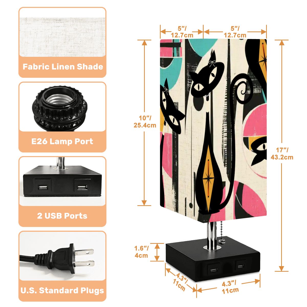 Kate McEnroe New York Atomic Cat Mid Century Modern Table Lamp with USB Ports, Retro Artist&