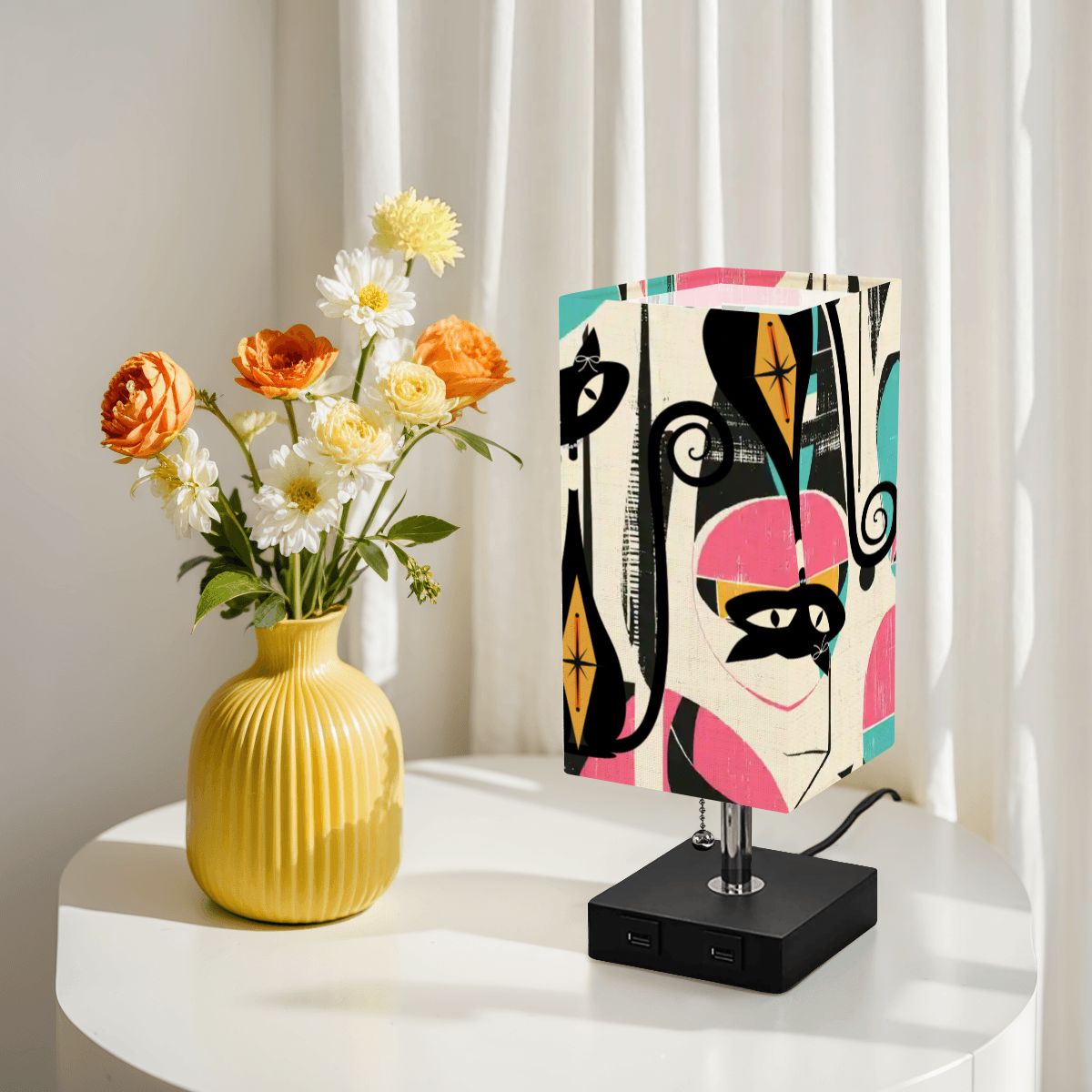Kate McEnroe New York Atomic Cat Mid Century Modern Table Lamp with USB Ports, Retro Artist&