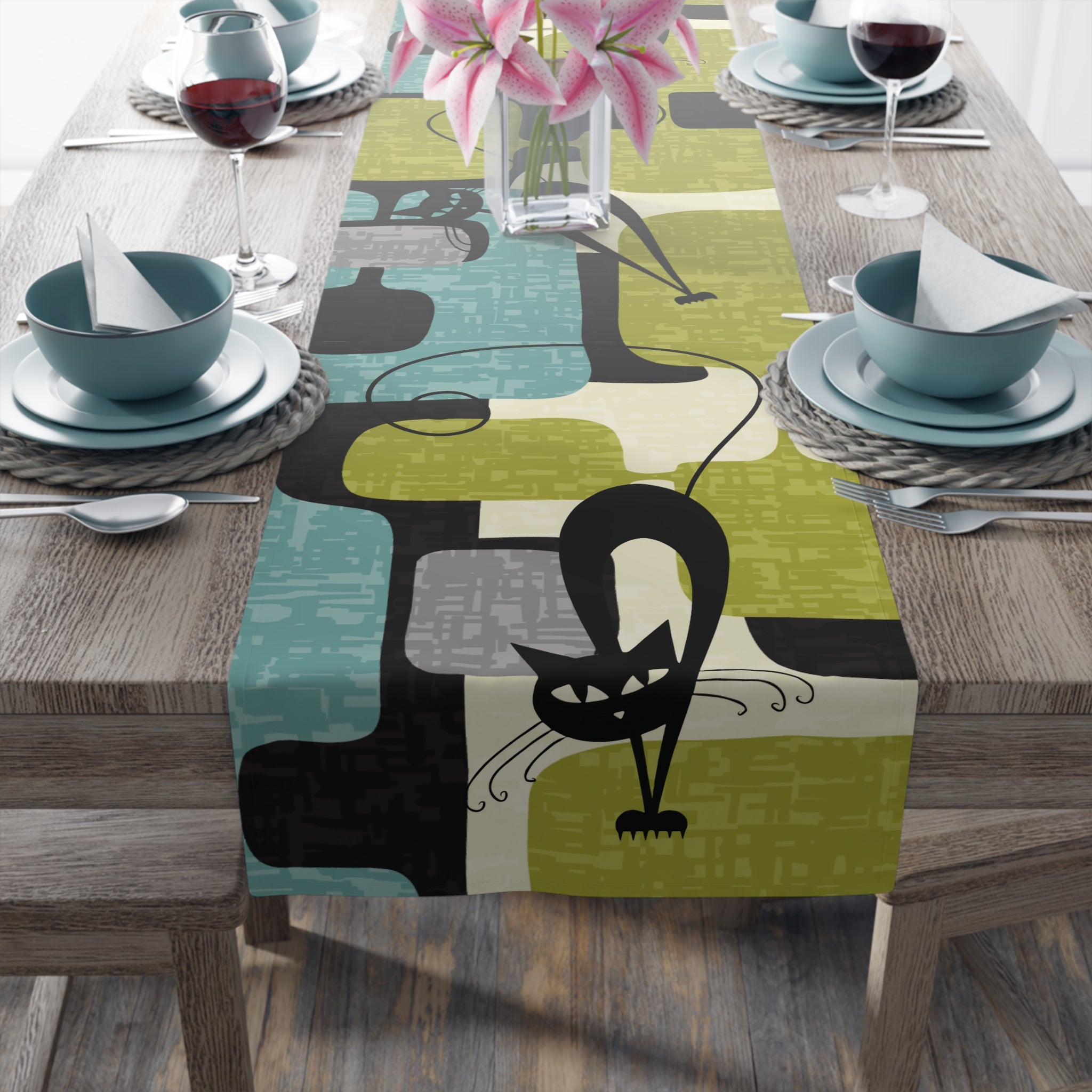 Kate McEnroe New York Atomic Cat Mid Century Modern Table Runner, MCM 60s Retro Geometric Abstract Table LinenTable Runners21154023267072618185