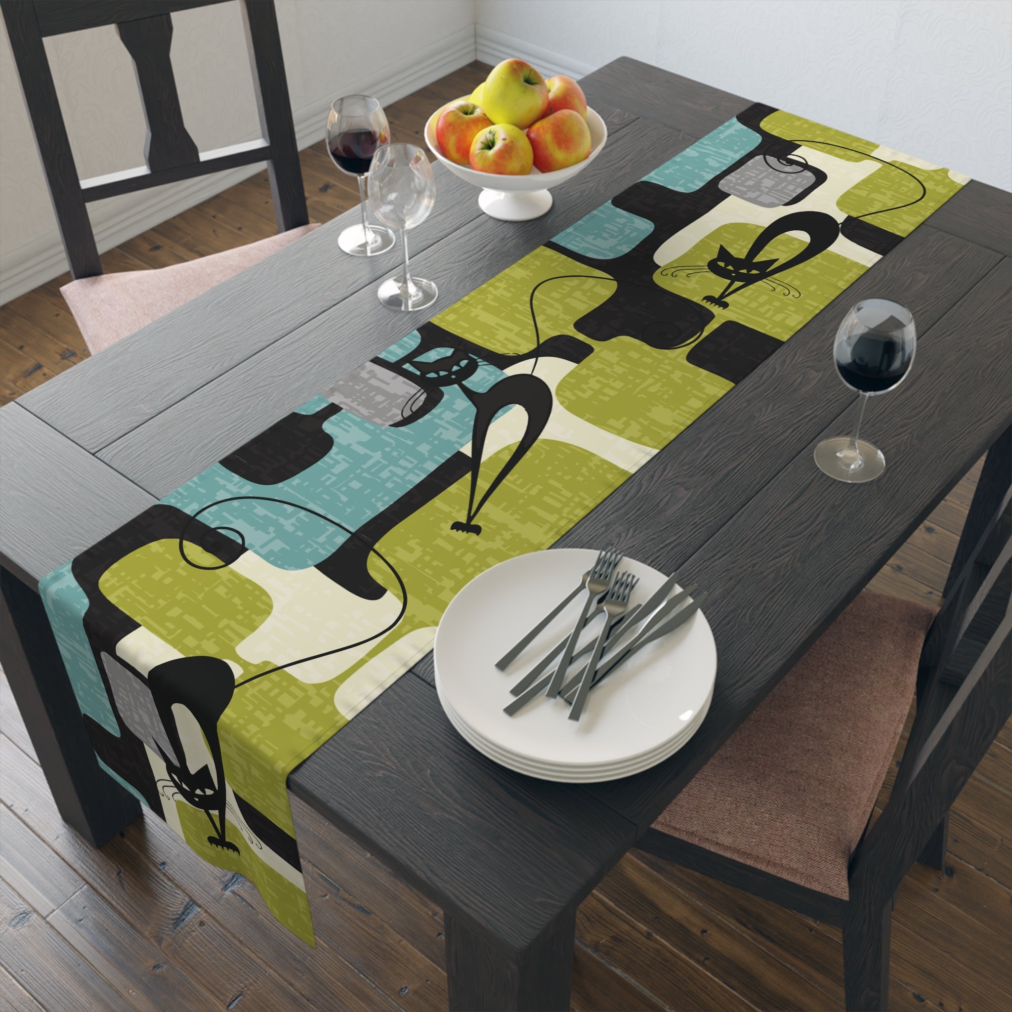 Kate McEnroe New York Atomic Cat Mid Century Modern Table Runner, MCM 60s Retro Geometric Abstract Table LinenTable Runners21154023267072618185