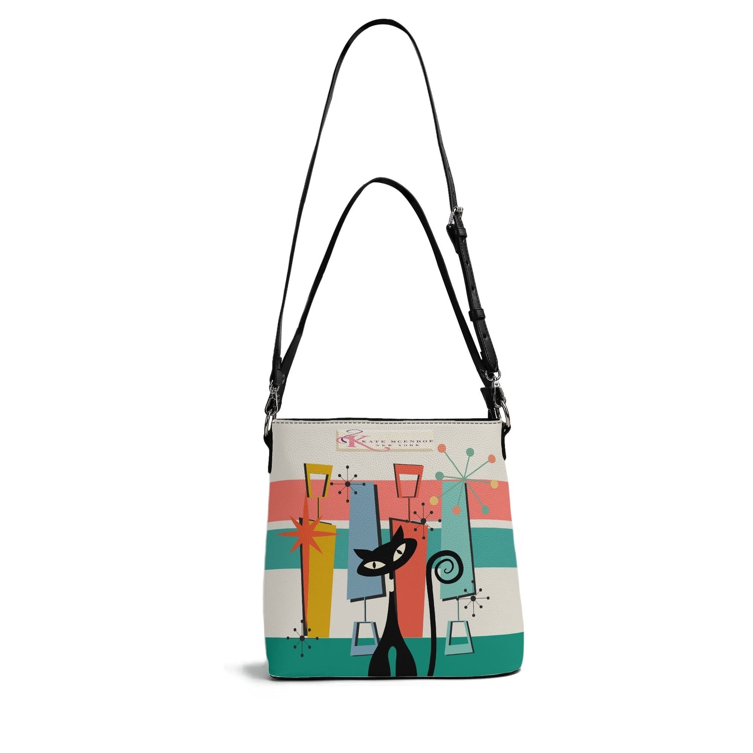 Kate McEnroe New York Atomic Cat Mid Century Modern Teal Coral Cream Striped Crossbody Bucket Bag, Retro Geometric HandbagHandbagsW1M8RJ9Y - 1