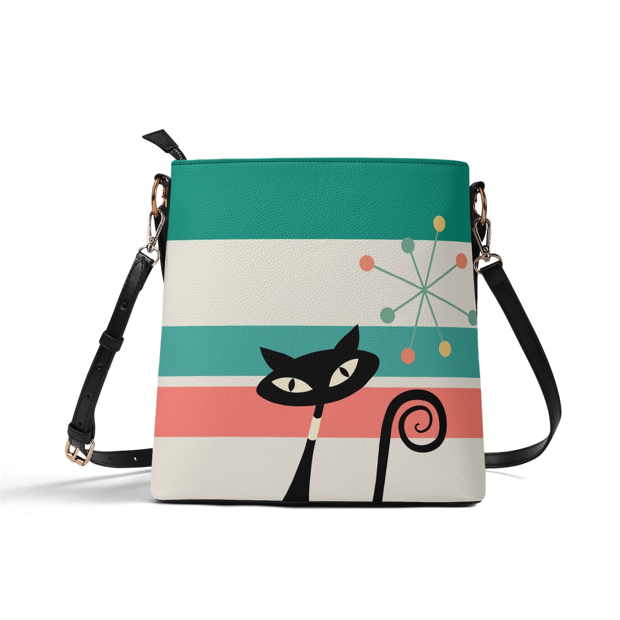 Kate McEnroe New York Atomic Cat Mid Century Modern Teal Coral Cream Striped Crossbody Bucket Bag, Retro Geometric HandbagHandbagsW1M8RJ9Y - 1