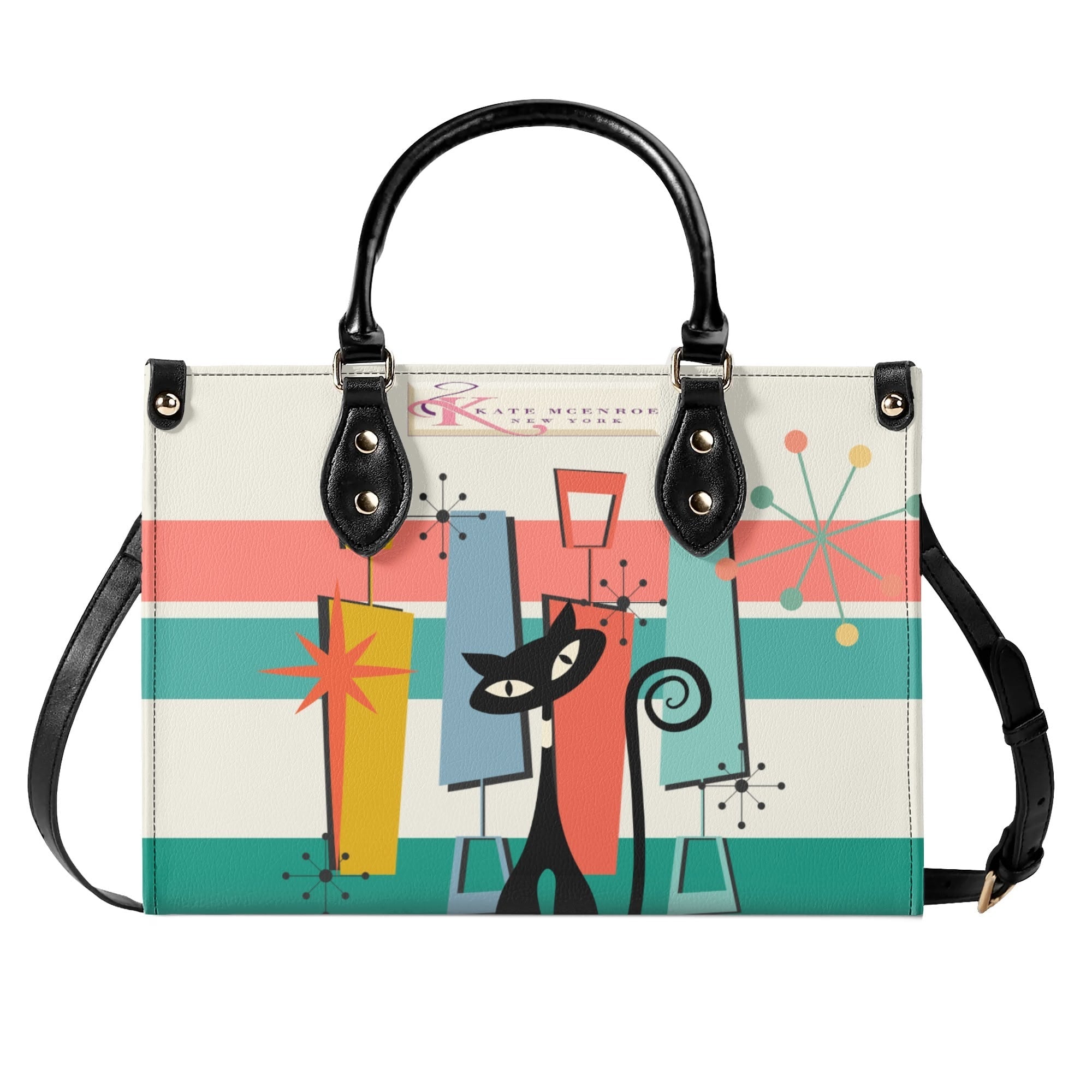 Kate McEnroe New York Atomic Cat Mid Century Modern Teal Coral Cream Striped Satchel, Retro Geometric HandbagHandbagsWDED3V6Y - 1