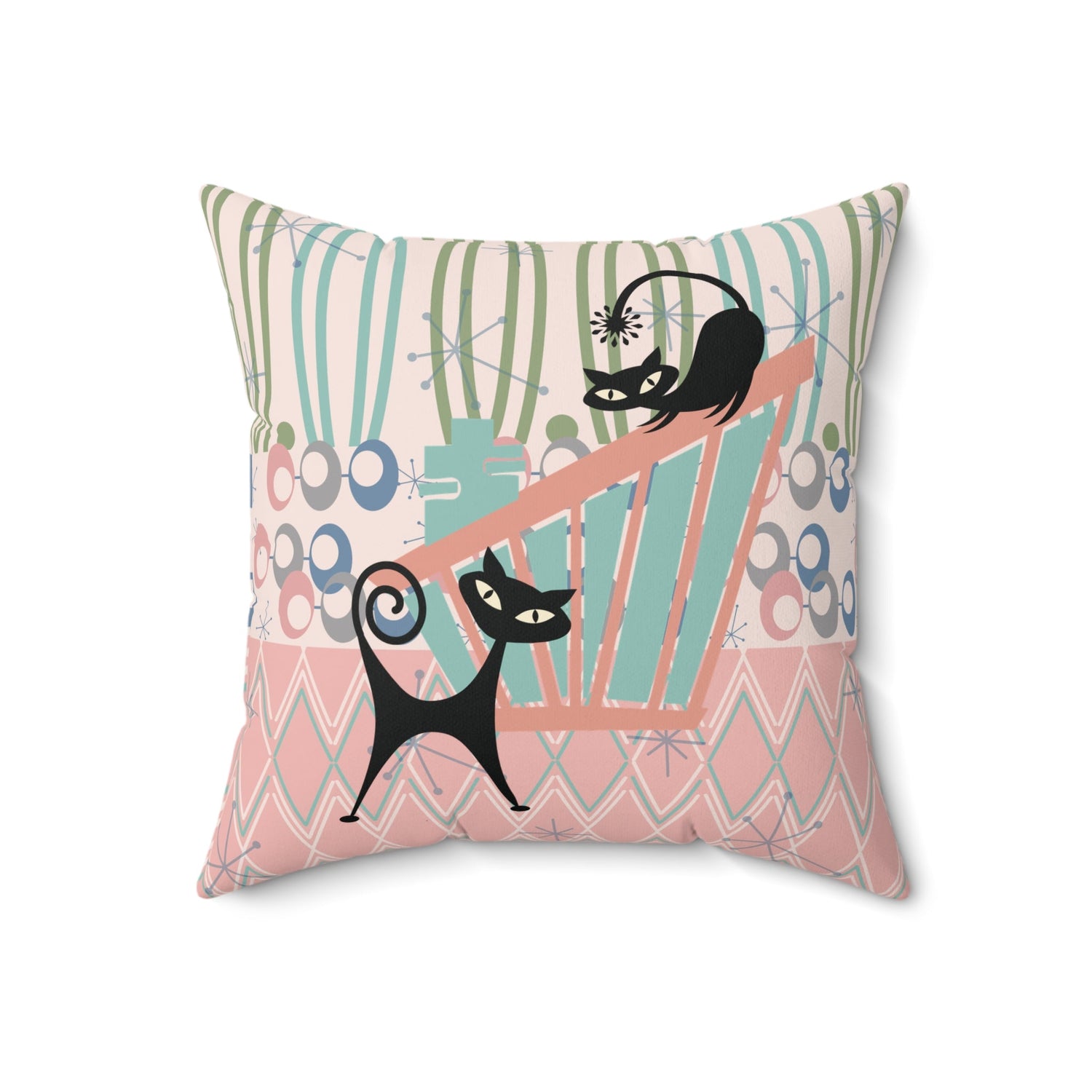 Kate McEnroe New York Atomic Cat Mid Century Modern Throw Pillow, Retro Teal, Pink, and Olive Green Accent Cushion, MCM Abstract DecorThrow Pillows24792988479425482005