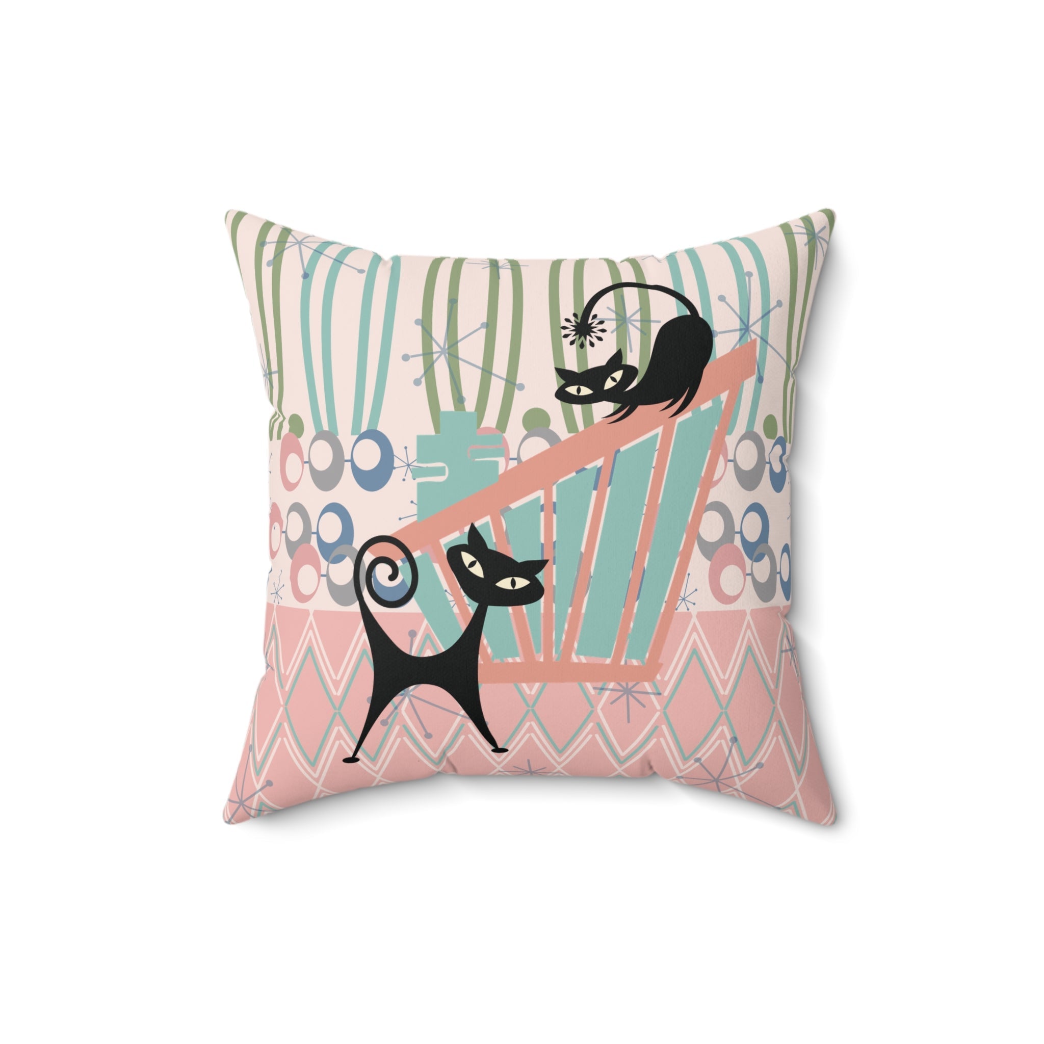 Kate McEnroe New York Atomic Cat Mid Century Modern Throw Pillow, Retro Teal, Pink, and Olive Green Accent Cushion, MCM Abstract DecorThrow Pillows24792988479425482005