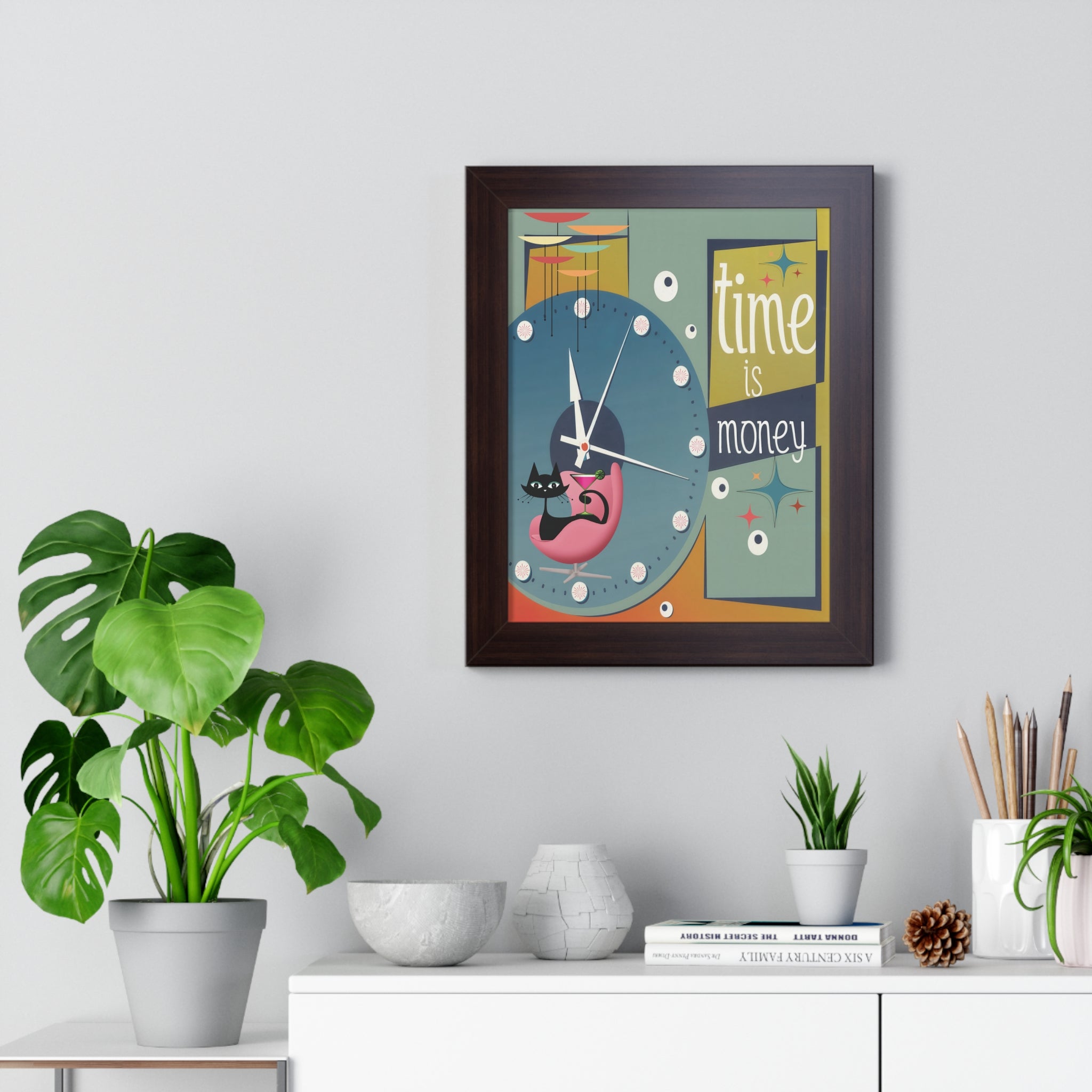 Kate McEnroe New York Atomic Cat Mid Century Modern Time is Money Framed Vertical Poster, Retro 50s Wall Art, MCM Clock Starburst DecorPoster20500451416303998479