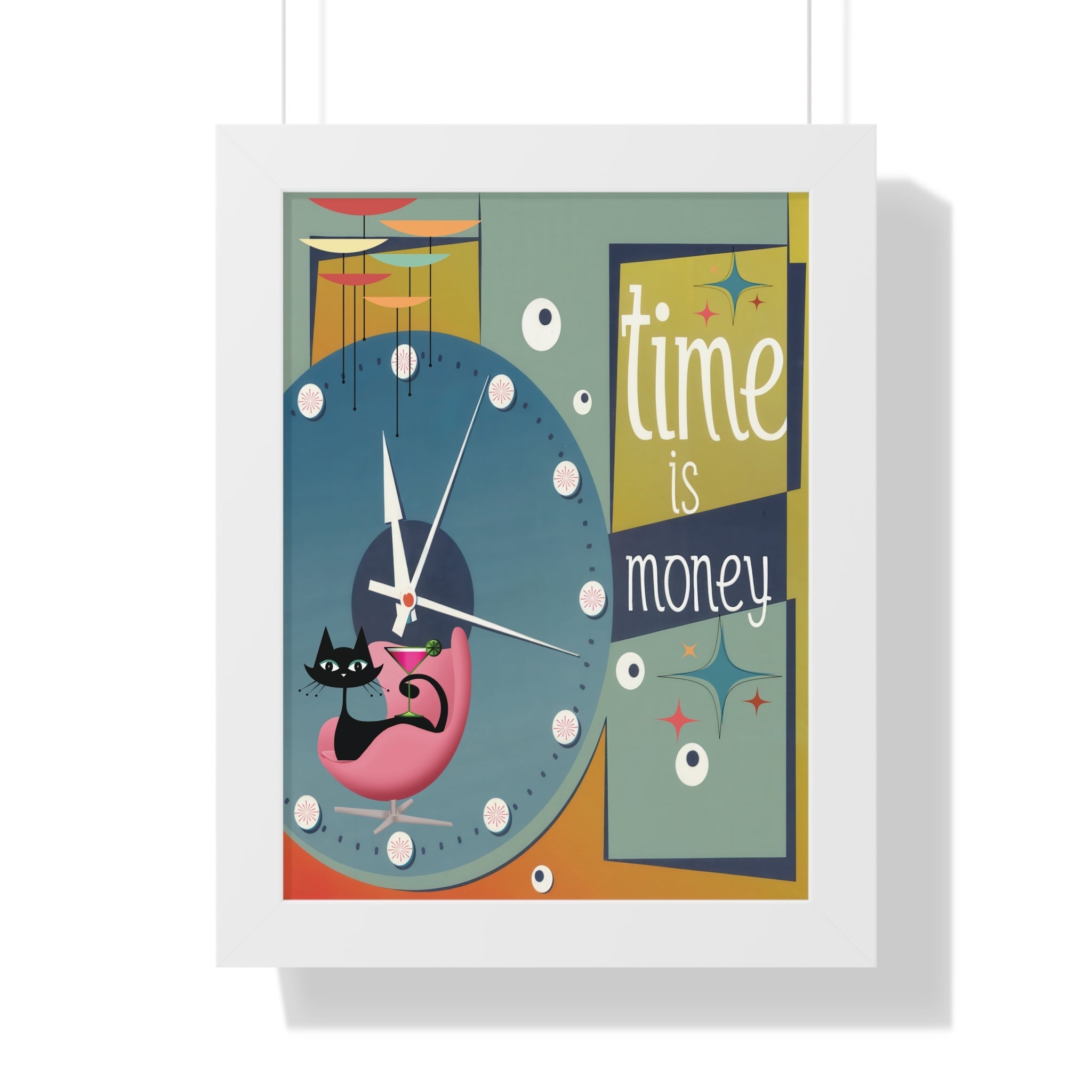 Kate McEnroe New York Atomic Cat Mid Century Modern Time is Money Framed Vertical Poster, Retro 50s Wall Art, MCM Clock Starburst DecorPoster25953838905954356978
