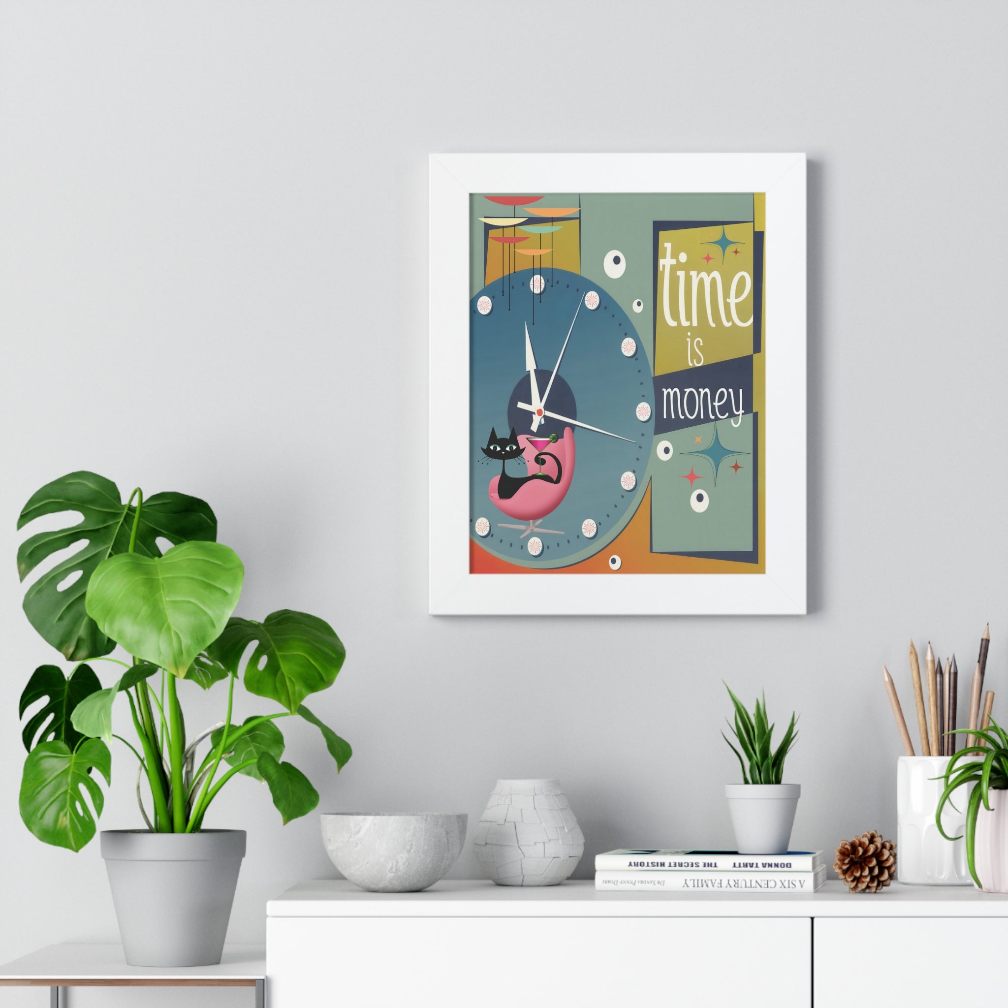 Kate McEnroe New York Atomic Cat Mid Century Modern Time is Money Framed Vertical Poster, Retro 50s Wall Art, MCM Clock Starburst DecorPoster25953838905954356978