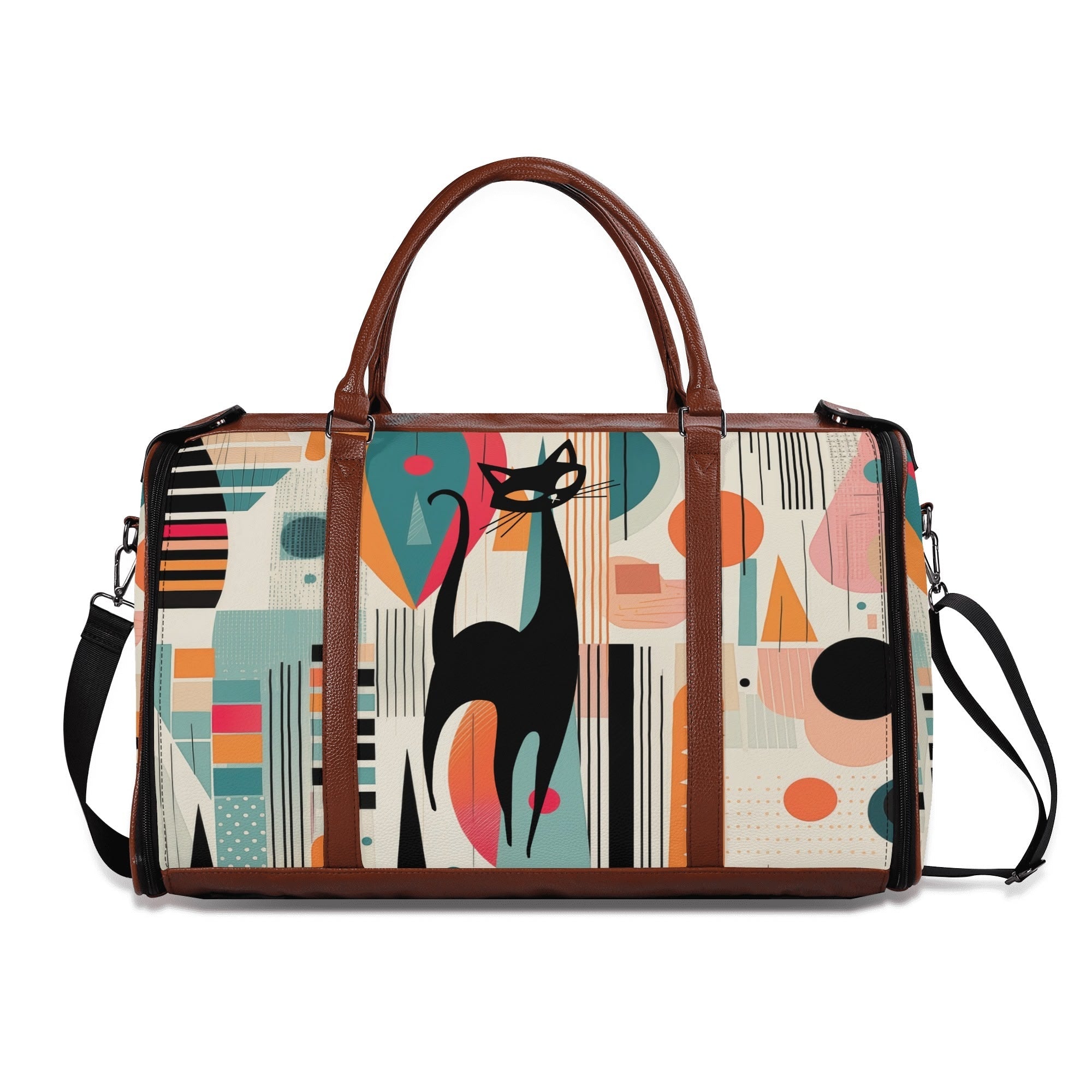 Kate McEnroe New York Atomic Cat Mid Century Modern Travel Bag, Retro 50s Geometric Duffel, Space Age Carry - OnDuffel BagsNM6439EW - 1