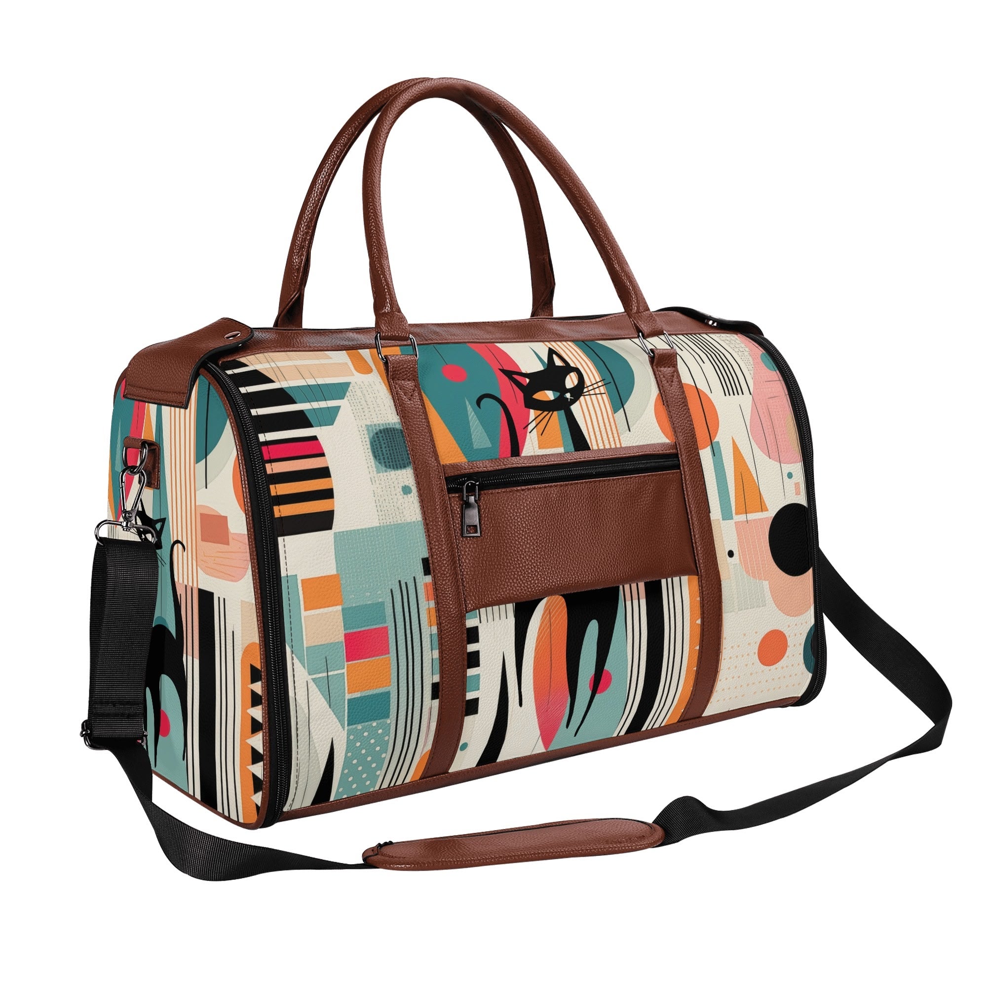 Kate McEnroe New York Atomic Cat Mid Century Modern Travel Bag, Retro 50s Geometric Duffel, Space Age Carry - OnDuffel BagsNM6439EW - 1