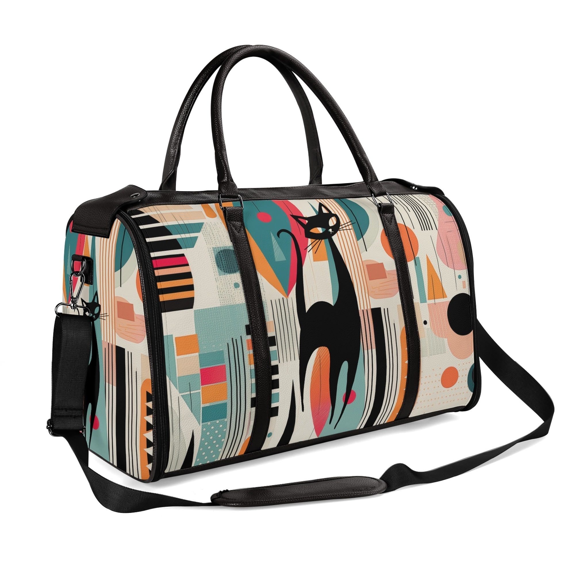 Kate McEnroe New York Atomic Cat Mid Century Modern Travel Bag, Retro 50s Geometric Duffel, Space Age Carry - OnDuffel BagsNM6439EW - 2