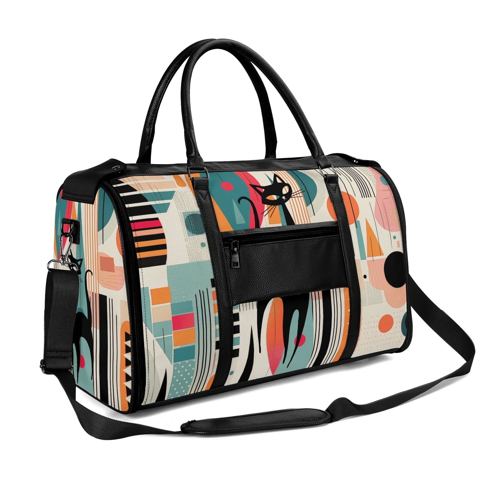 Kate McEnroe New York Atomic Cat Mid Century Modern Travel Bag, Retro 50s Geometric Duffel, Space Age Carry - OnDuffel BagsNM6439EW - 2