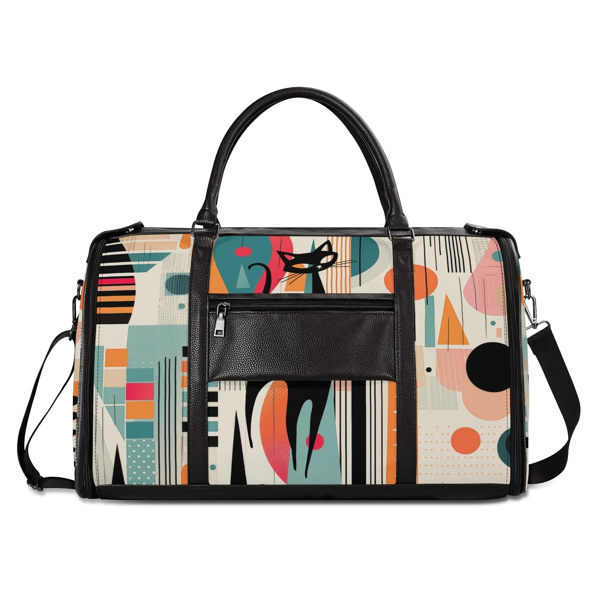 Kate McEnroe New York Atomic Cat Mid Century Modern Travel Bag, Retro 50s Geometric Duffel, Space Age Carry - OnDuffel BagsNM6439EW - 2