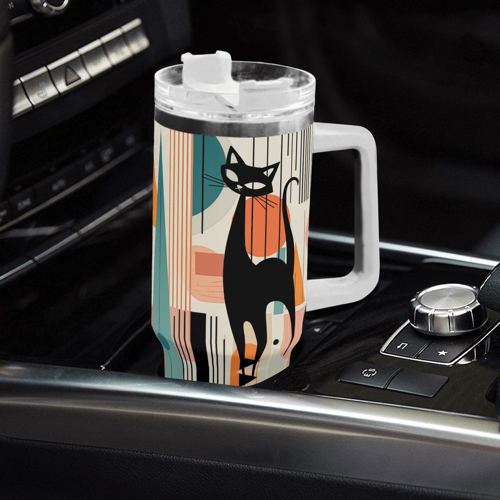 Kate McEnroe New York Atomic Cat Mid Century Modern Tumbler, Retro Abstract Geometric Drinkware, MCM Kitsch Coffee Cup, 50s Style Travel MugTumblersWX12067W - 1