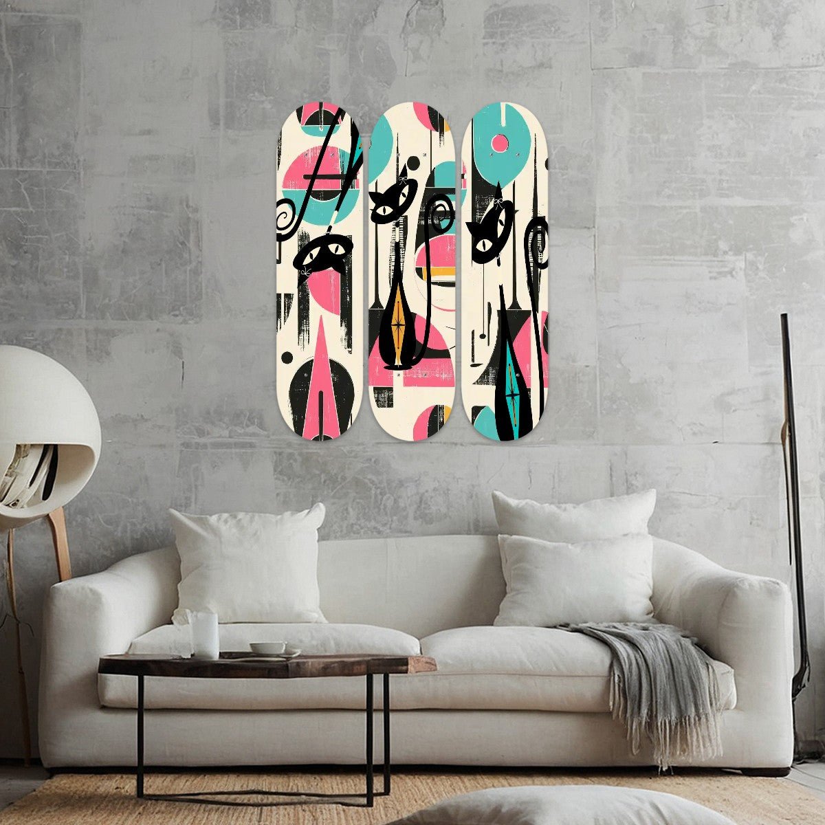 Kate McEnroe New York Atomic Cat Mid Century Modern Wall Art, 3 Panels Wood Skateboard, Retro Geometric Abstract DecorSkateboard Wall ArtgRDhnqR5lx