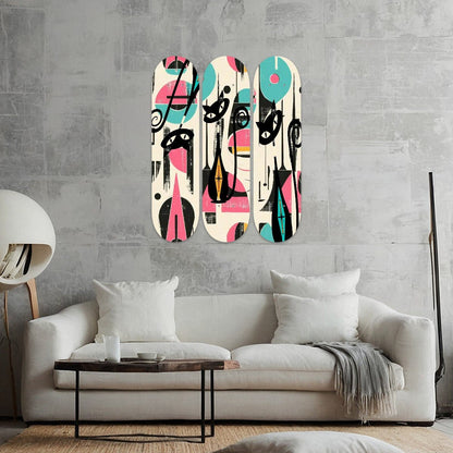 Kate McEnroe New York Atomic Cat Mid Century Modern Wall Art, 3 Panels Wood Skateboard, Retro Geometric Abstract DecorSkateboard Wall ArtgRDhnqR5lx