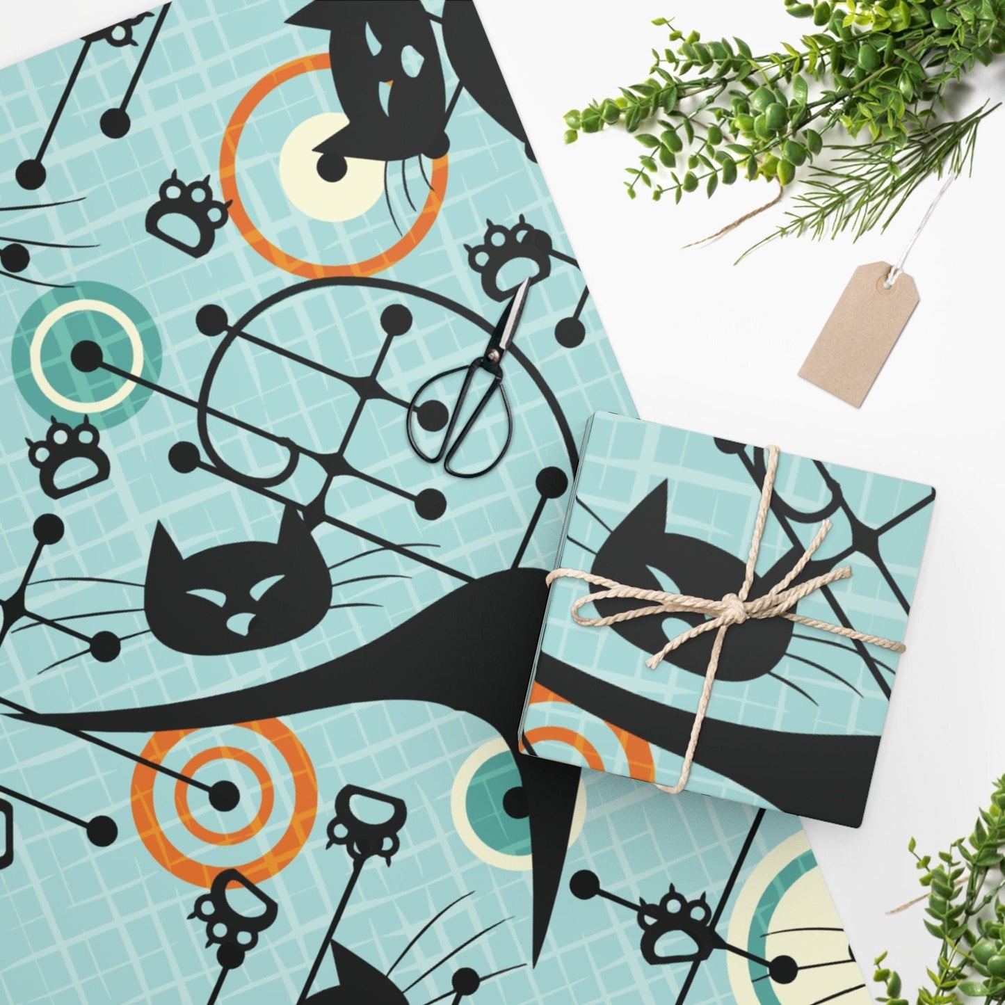 Kate McEnroe New York Atomic Cat Mid-Century Modern Wrapping Paper - 1950s Retro Geometric Blue Holiday Gift Wrap Wrapping Paper