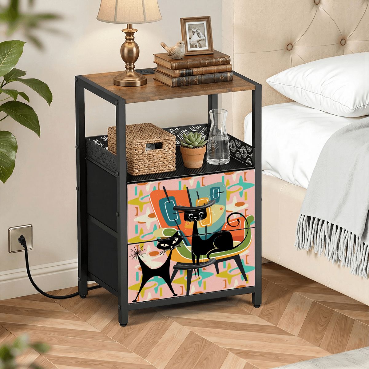 Kate McEnroe New York Atomic Cat Mid Century Nightstand 2 Drawer Charging Bedside TableNightStandshV2rMkqebE