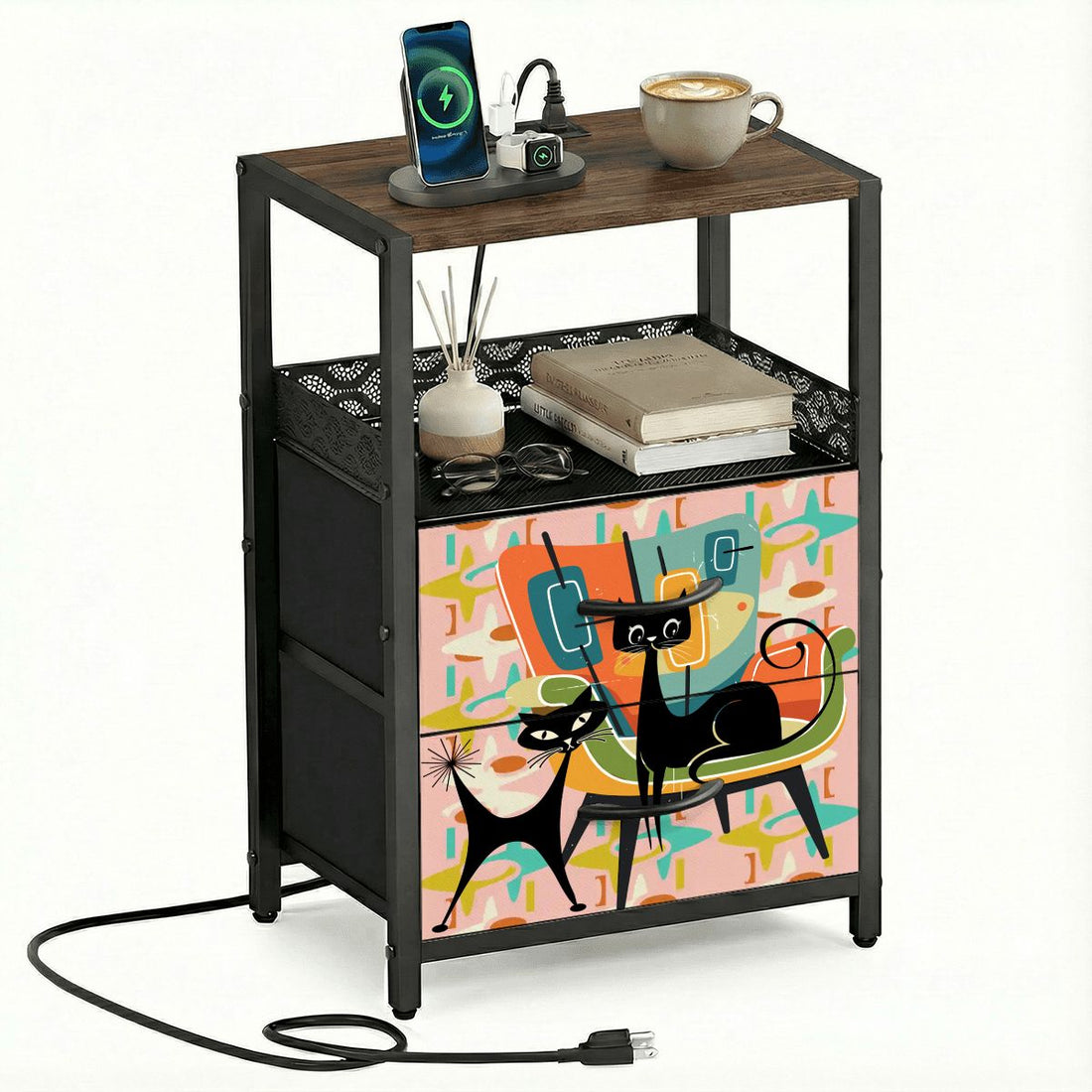 Kate McEnroe New York Atomic Cat Mid Century Nightstand 2 Drawer Charging Bedside TableNightStandshV2rMkqebE