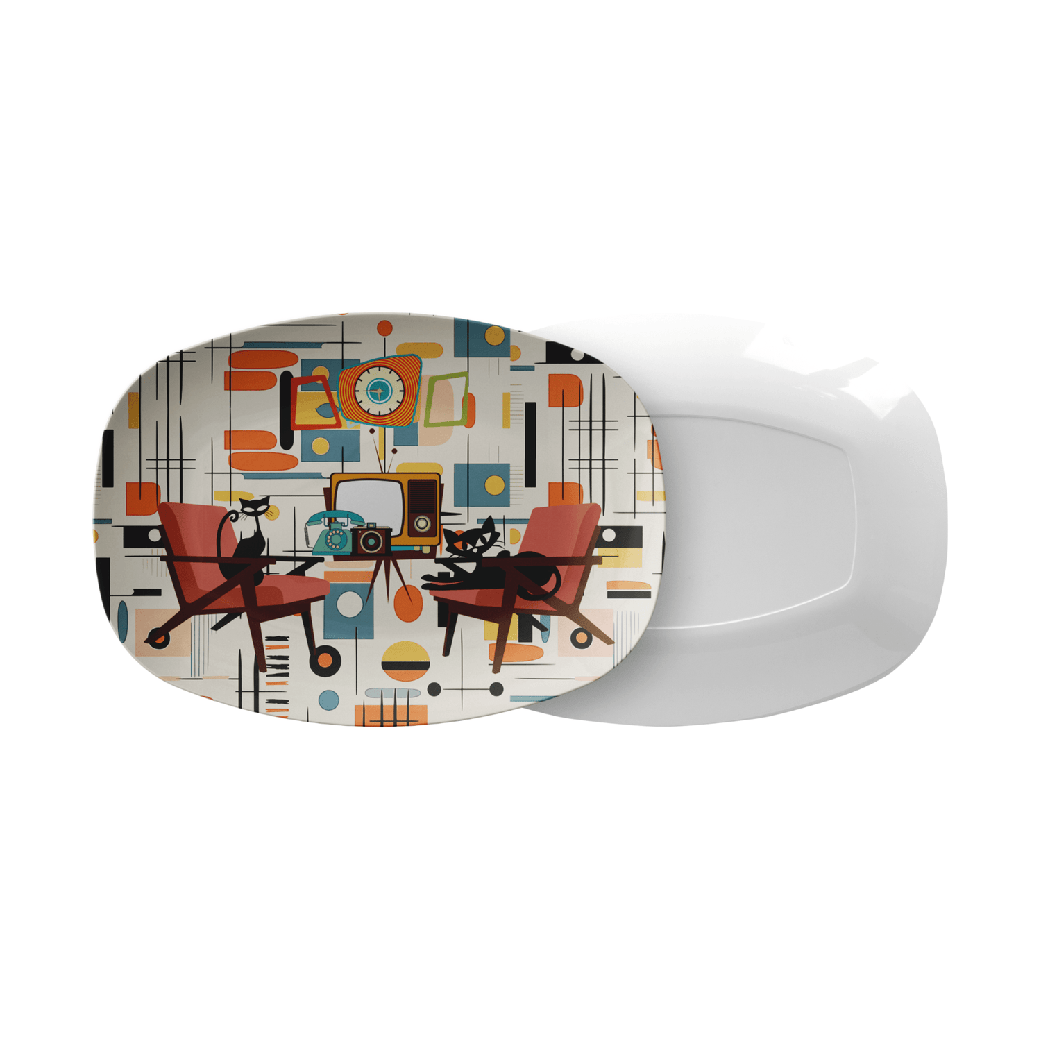 Kate McEnroe New York Atomic Cat Mid Century Platter, Retro 50s Geometric MCM Serving TrayServing Platters