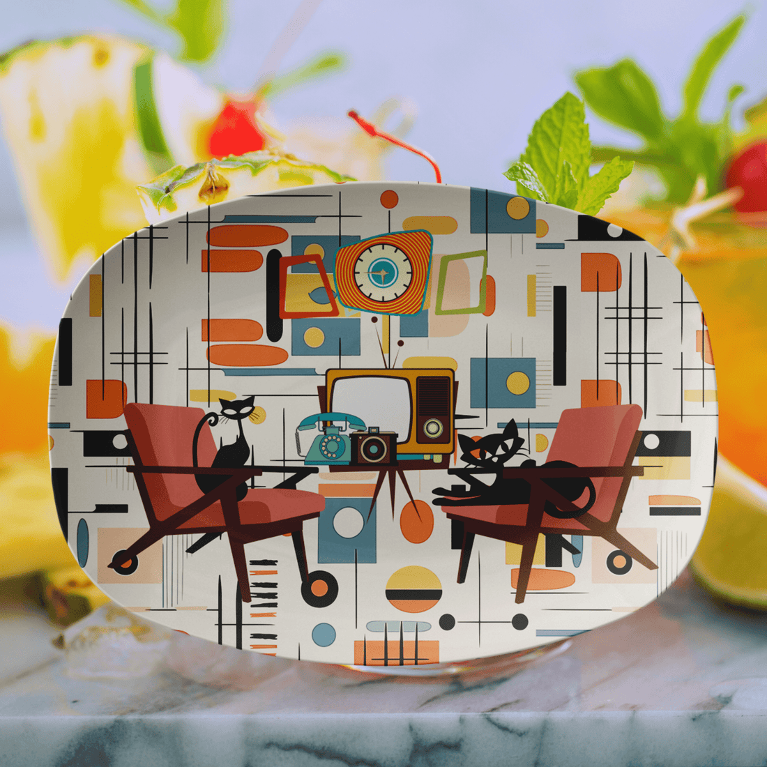 Kate McEnroe New York Atomic Cat Mid Century Platter, Retro 50s Geometric MCM Serving TrayServing Platters