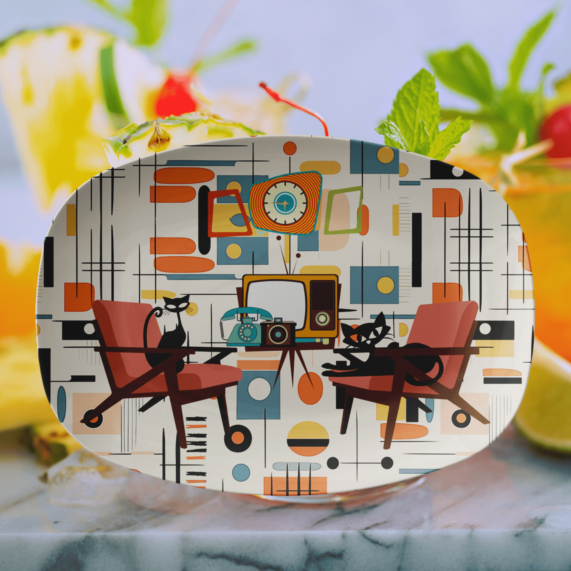 Kate McEnroe New York Atomic Cat Mid Century Platter, Retro 50s Geometric MCM Serving TrayServing Platters