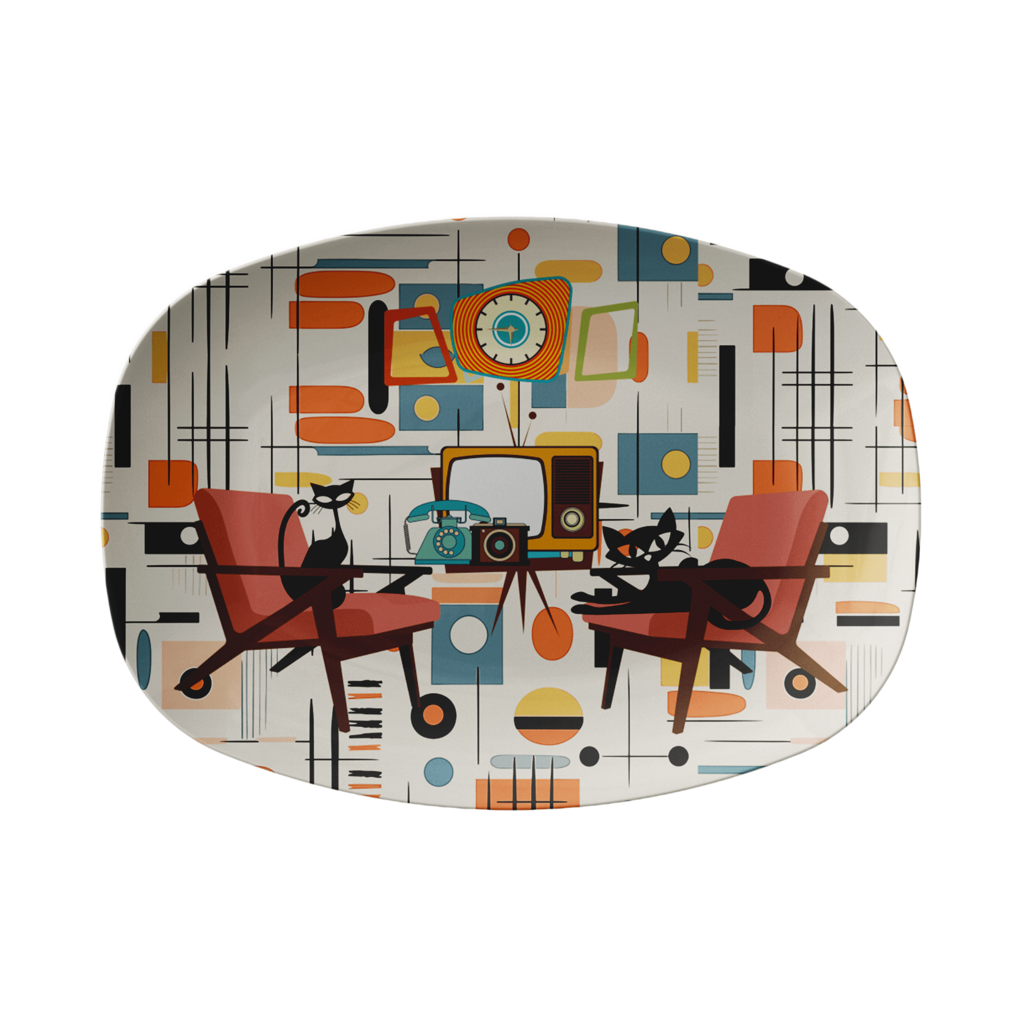 Kate McEnroe New York Atomic Cat Mid Century Platter, Retro 50s Geometric MCM Serving TrayServing Platters