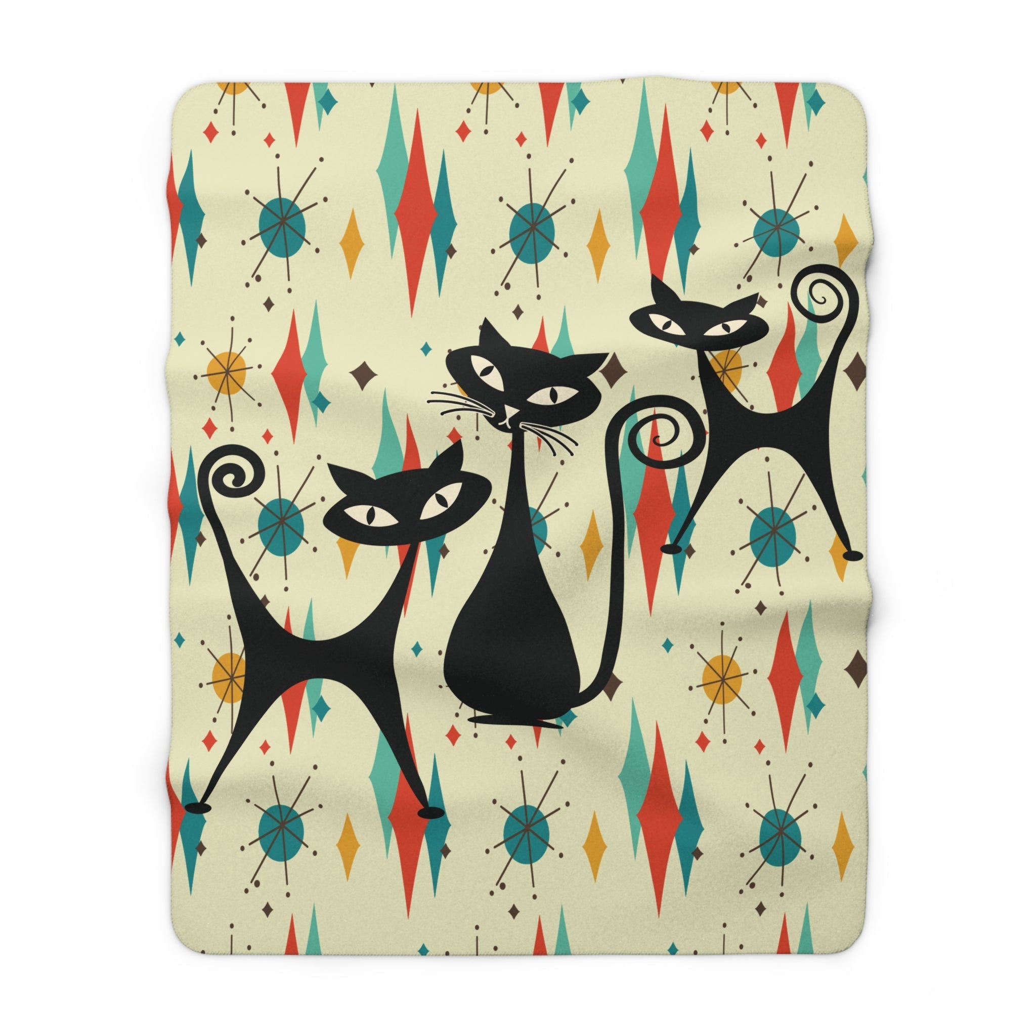 Kate McEnroe New York Atomic Cat Mid Century Sherpa Fleece Blanket, Retro Franciscan Starburst Throw, Cozy MCM Cat BlanketBlankets14205907178701339322