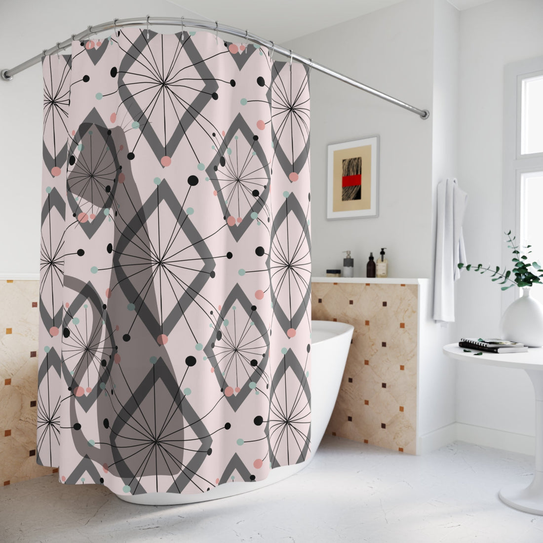 Kate McEnroe New York Atomic Cat Mid Century Shower Curtain, Retro Diamond Starburst Bathroom Decor, 50s Kitsch Mod Home AccentShower Curtains16859951570837239276