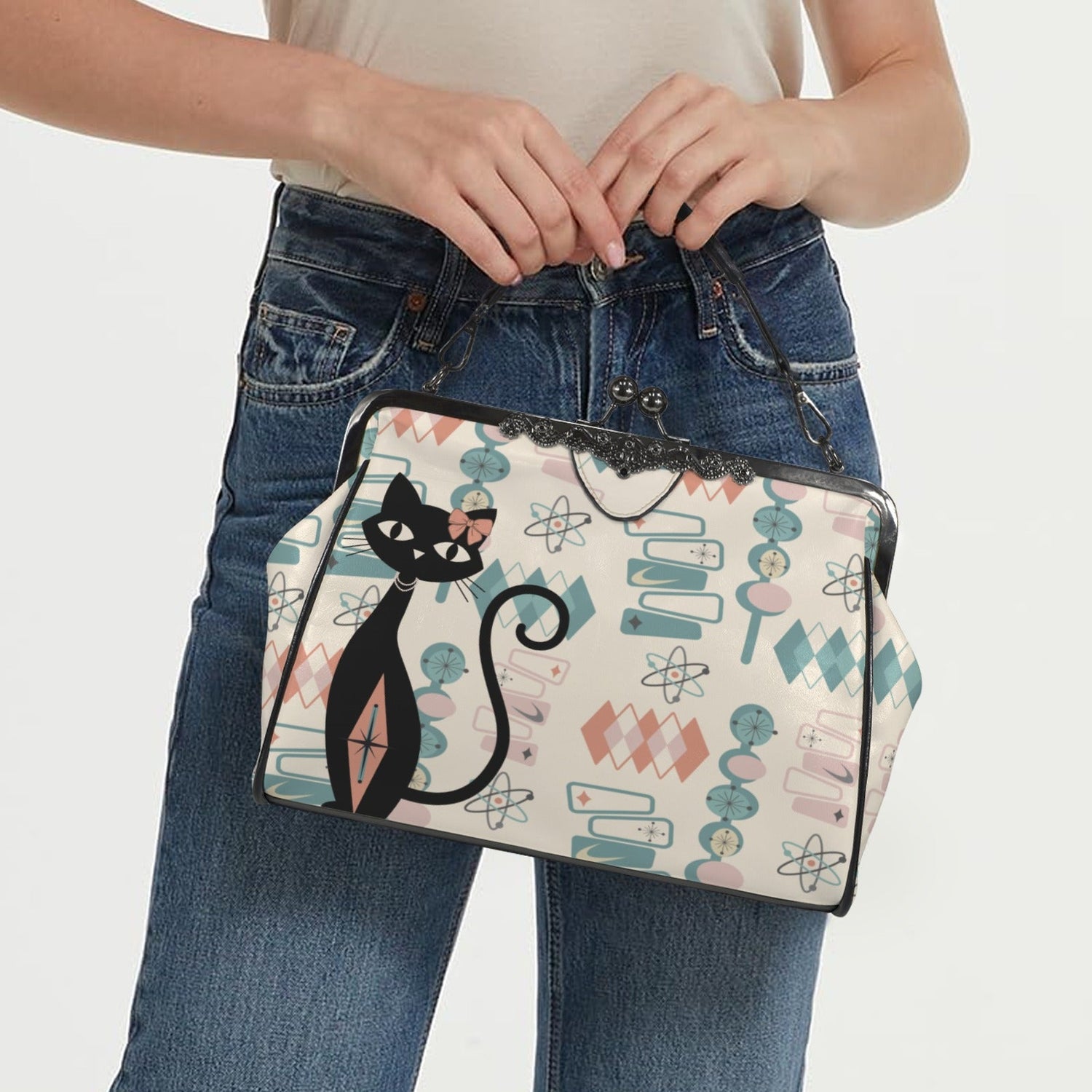 Kate McEnroe New York Atomic Cat Mid Century Starburst Kisslock Purse, Retro Sputnik Boomerang BagCrossbody BagsD3187073