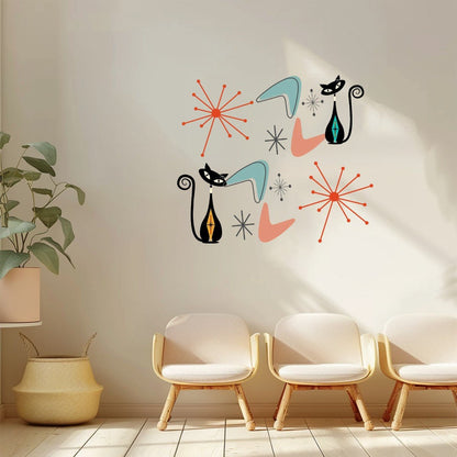 Kate McEnroe New York Atomic Cat Mid Century Vinyl Wall Stickers, Retro Starburst &amp; Boomerang Wall Decor, MCM Peel &amp; Stick DecalsWall Decals2KSLWTdUNT