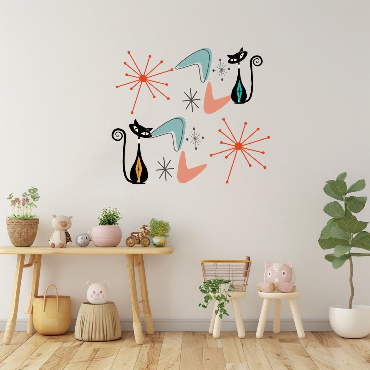 Kate McEnroe New York Atomic Cat Mid Century Vinyl Wall Stickers, Retro Starburst &amp; Boomerang Wall Decor, MCM Peel &amp; Stick DecalsWall Decals2KSLWTdUNT