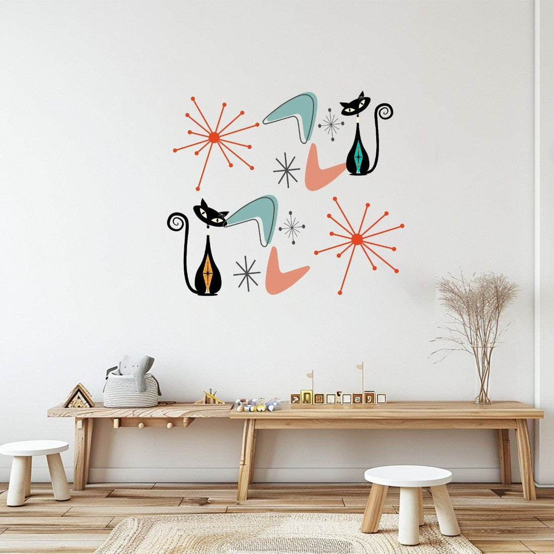 Kate McEnroe New York Atomic Cat Mid Century Vinyl Wall Stickers, Retro Starburst &amp; Boomerang Wall Decor, MCM Peel &amp; Stick DecalsWall Decals2KSLWTdUNT