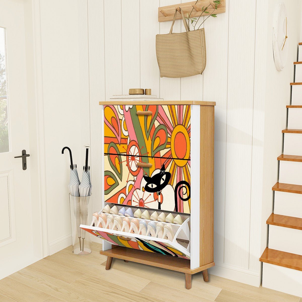 Kate McEnroe New York Atomic Cat Mid Mod Groovy Sunrise Shoe Cabinet, Retro Kitsch Sunburst Organizer, 70s MCM Storage FurnitureShoe Storagej4k1VxY6cC