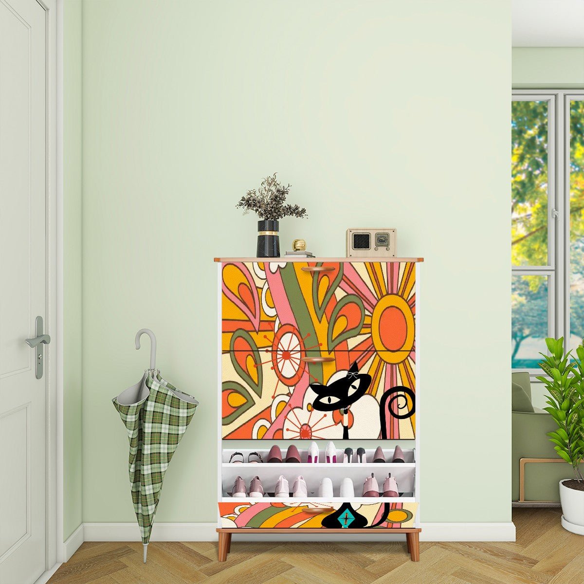 Kate McEnroe New York Atomic Cat Mid Mod Groovy Sunrise Shoe Cabinet, Retro Kitsch Sunburst Organizer, 70s MCM Storage FurnitureShoe Storagej4k1VxY6cC