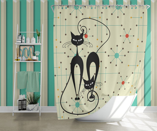 interestprint Atomic Cat Mid Mod Retro Starburst Shower Curtains