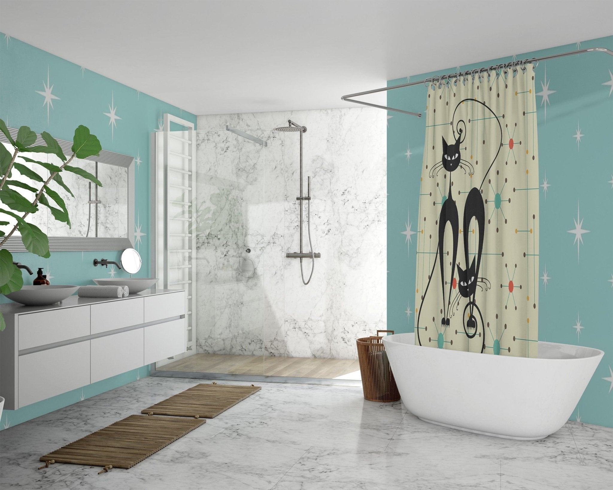 Kate McEnroe New York Atomic Cat Mid Mod Retro Starburst Shower CurtainsShower CurtainsD2879676