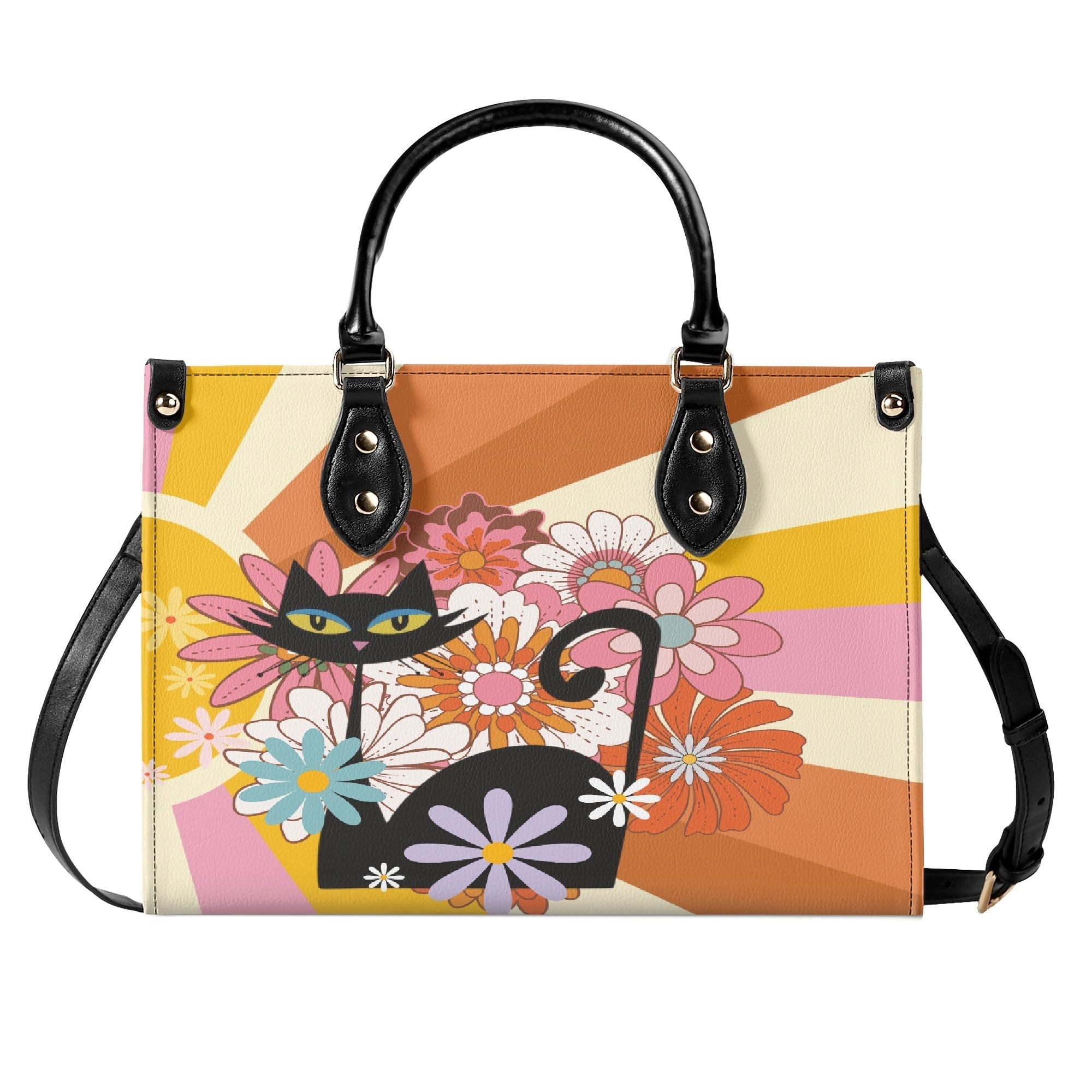 Kate McEnroe New York Atomic Cat Mod Sunburst Floral Satchel, Retro 60s Mid Century Modern Handbag, MCM Kitsch Black Cat PurseHandbagsNO5GZX0W - 1
