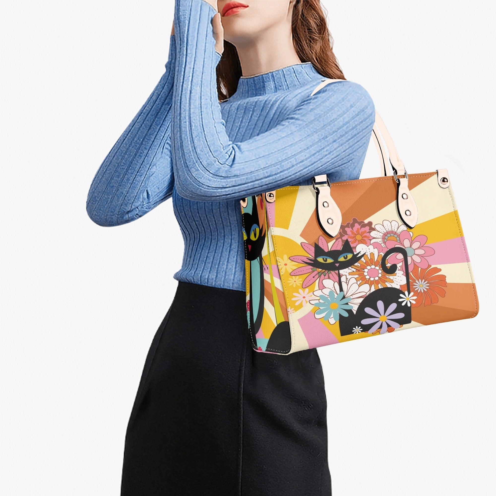 Kate McEnroe New York Atomic Cat Mod Sunburst Floral Satchel, Retro 60s Mid Century Modern Handbag, MCM Kitsch Black Cat PurseHandbagsNO5GZX0W - 1
