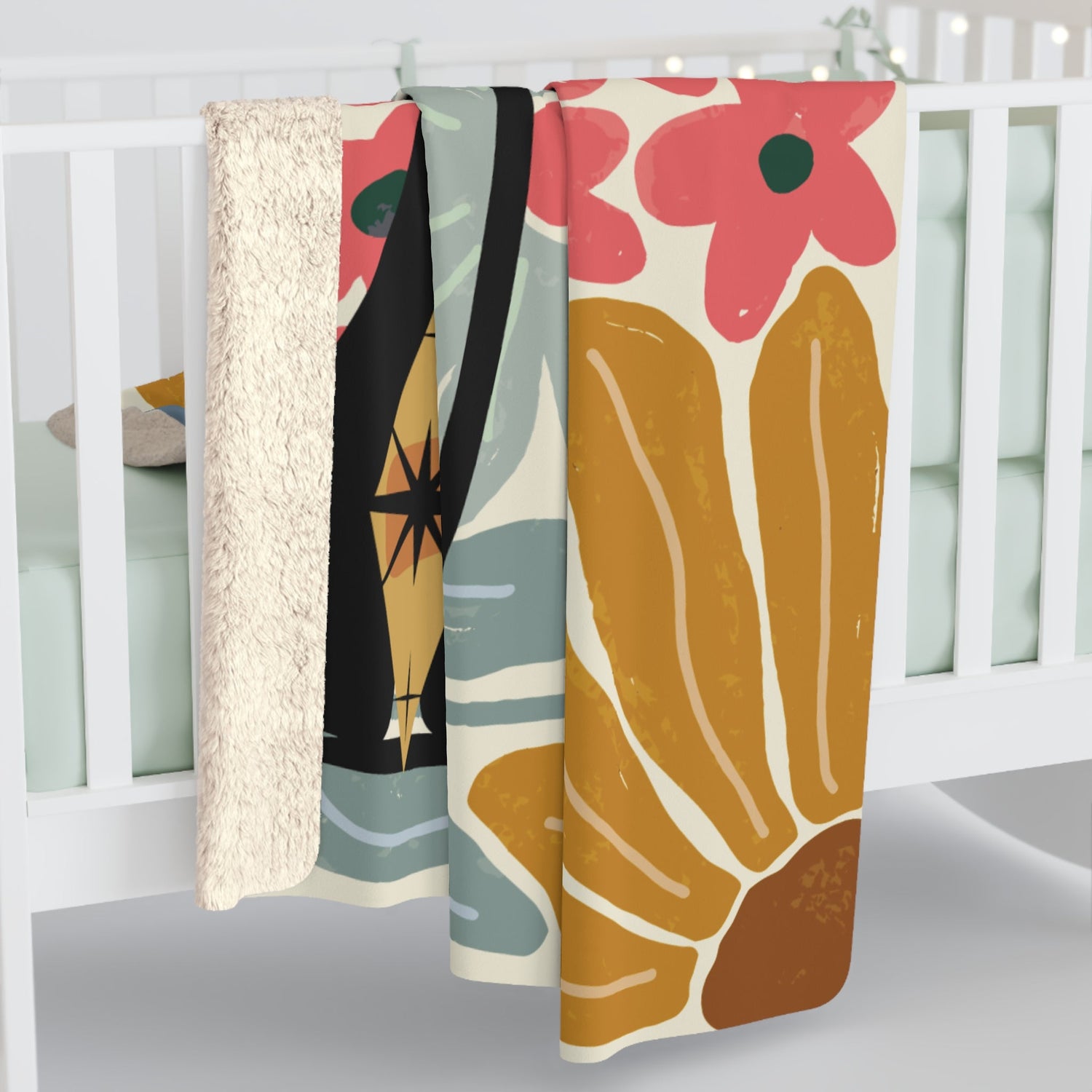 Kate McEnroe New York Atomic Cat Mushroom Sherpa Throw, Retro Floral Mid Century Modern BlanketBlankets17590765842953471551