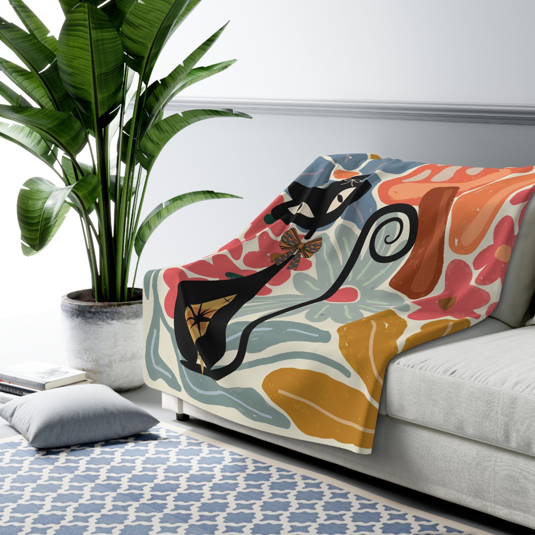 Kate McEnroe New York Atomic Cat Mushroom Sherpa Throw, Retro Floral Mid Century Modern BlanketBlankets17590765842953471551