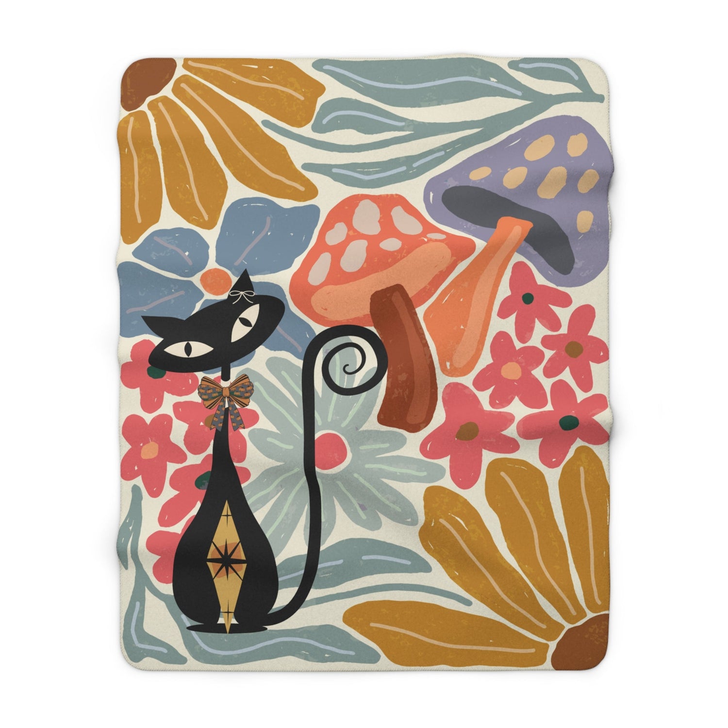 Kate McEnroe New York Atomic Cat Mushroom Sherpa Throw, Retro Floral Mid Century Modern BlanketBlankets17590765842953471551