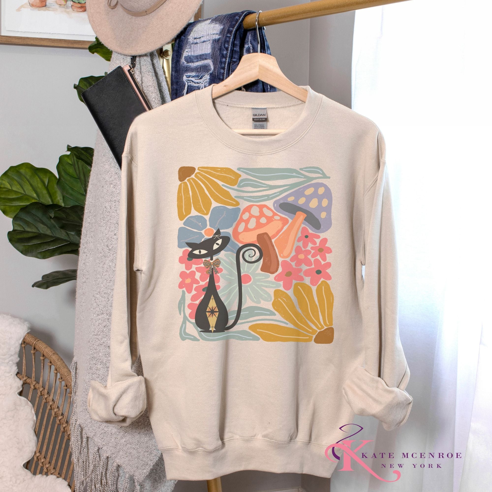 Kate McEnroe New York Atomic Cat Mushroom Sweatshirt, Mid Century Modern Retro Pullover, MCM Fall Cozy CrewneckSweatshirts40067713763380706655